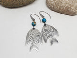 Fish Earrings - Hand Etched Silver Fish Dangle Earrings - Turquoise Beadwork