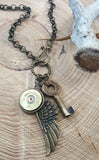 Shotshell, Skeleton Key & Wing Brass Charm Necklace