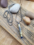Rifle Casing, Filigree and Sapphire Long Bullet Necklace