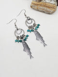 Antique Silver Trout / Turquoise Beaded Dangle Earrings - Fishing Earrings