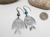 Fish Earrings - Hand Etched Silver Fish Dangle Earrings - Turquoise Beadwork