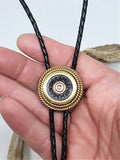 12 Gauge B&P Rope Bezel Brass Black Leather Bolo Tie