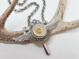 12 Gauge Shotshell Winged Winder Key Statement Necklace