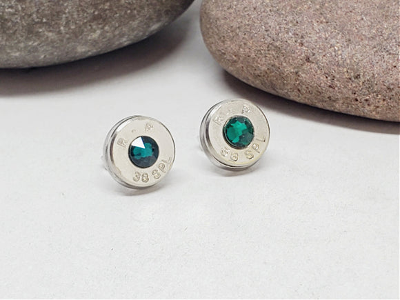 Bullet Studs - Nickel with Emerald Crystal Bullet Earrings