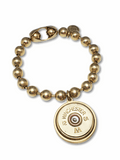 A gold large ball chain bracelet with a brass 12 gauge shotshell charm pendant.