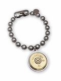 A silver large ball chain bracelet with a brass 12 gauge shotshell charm pendant.
