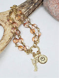 Peachy Pink Beaded Circle Clip Ring Gold Bullet Charm Bracelet