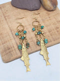 Gold and Turquoise Beaded Trout Fish Earrings