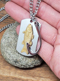 Men's Brass Trout Dog Tag & Fish Hook Stainless Steel Necklace