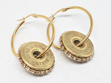 Close-up of 12 Gauge Shotshell Diamond Studded Gold Hoop Earrings
