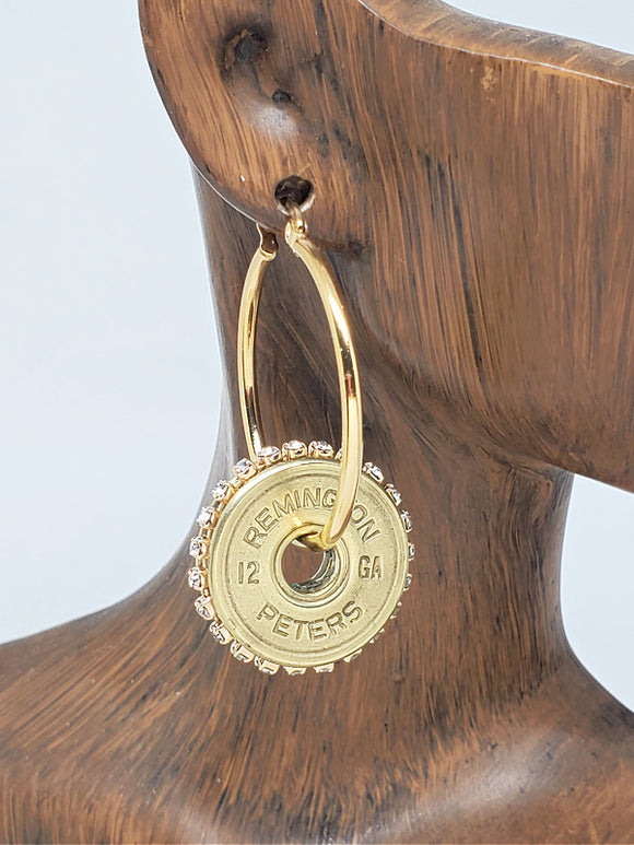 12 Gauge Shotshell Diamond Studded Gold Hoop Earrings on wood display