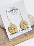 Gold 12 gauge shotshell earrings on marquis ear wires made from vintage Remington Peters casings and displayed on a SureShot Jewelry earring mounting card.