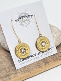 Gold 12 gauge shotshell earrings on marquis ear wires made from vintage Remington Peters casings and displayed on a SureShot Jewelry earring mounting card.