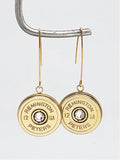 Gold 12 gauge shotshell earrings on marquis ear wires made from vintage Remington Peters casings.