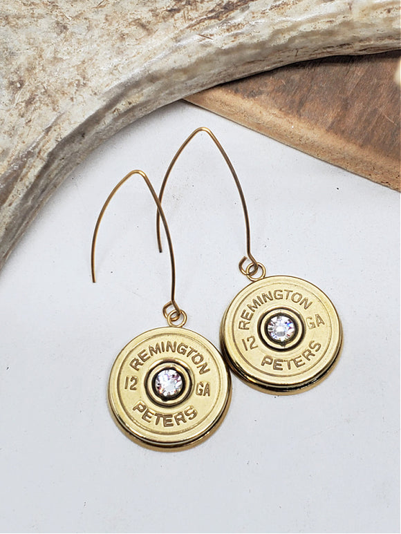 Pair of vintage Remington Peters shotshell earrings with gold marquis ear wires on a white background.