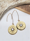 Pair of vintage Remington Peters shotshell earrings with gold marquis ear wires on a white background.