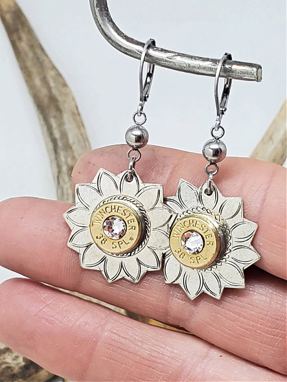 Silver Hand Etched Daisy Shape Bullet Earrings