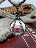 White Winchester Logo Advertising Marble Orb Pendant Leather Necklace