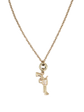 Petite gold pistol bullet necklace on white background with delicate gold chain and pavé pistol charm
