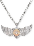 Close up of a large winged heart shotshell necklace on white background with pavé crystals and chunky stainless steel paperclip chain.