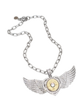 Full view of large pave encrusted winged heart statement necklace with paperclip chain, lobster clasp, extender, and shotshell pendant on white background.