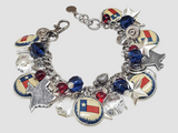 Patriotic Texas charm bracelet with red blue and clear beads, vintage Texas flag pinbacks, silver stars and SureShot Jewelry details