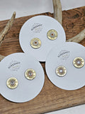 Photo of three pairs of brass 28 gauge shotshell stud earrings that are mounted on round jewelry cards that have the SureShot Jewelry logo on them.  Earrings are displayed across a wood board and propped on a deer antler.