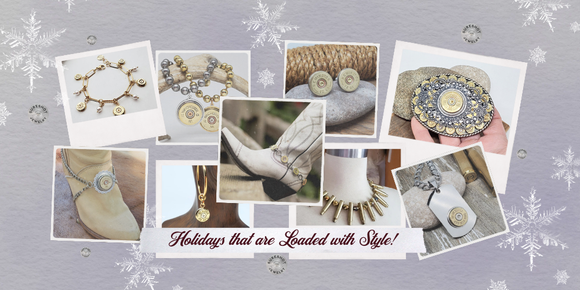 Collage of SureShot jewelry items with a festive background featuring snowflakes.
