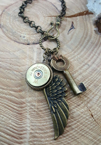 Shotshell, Skeleton Key & Wing Brass Charm Necklace-SureShot Jewelry