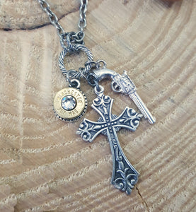 Silver God & A Gun Charm Bullet Necklace