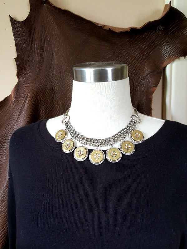 Shotshell Double Chain Bib Necklace - Bullet Jewelry - SureShot Jewelry