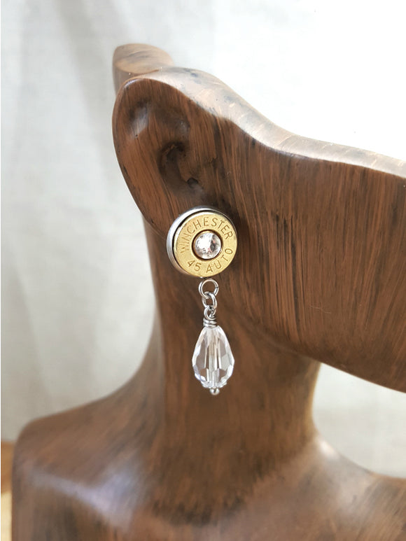 Crystal Teardrop Post Dangle Bullet Earrings - Choice of Brass or Nickel Casings-SureShot Jewelry
