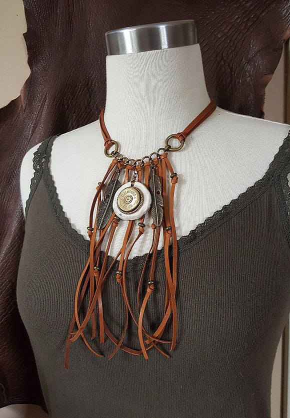 12 Gauge Feather & Antler Slice Leather Fringe Brass Shotshell Necklace-SureShot Jewelry