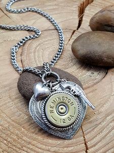 12 Gauge Shotshell Heart Necklace - Shot Thru the Heart Bullet Necklace-SureShot Jewelry