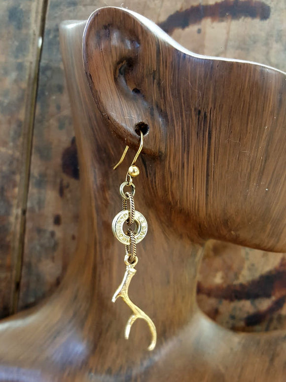 Deer Antler Charm Brass Bullet Earrings-SureShot Jewelry