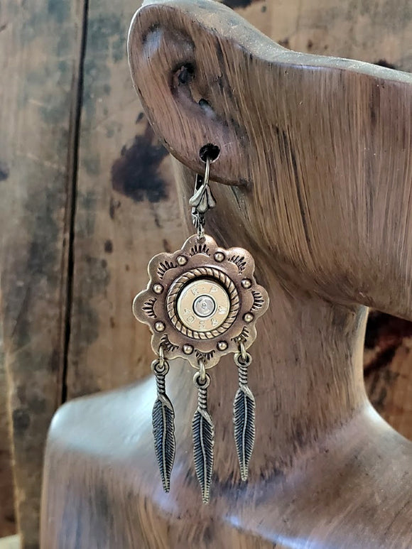 Brass Concho and Feather Bullet Earrings-Earrings-SureShot Jewelry