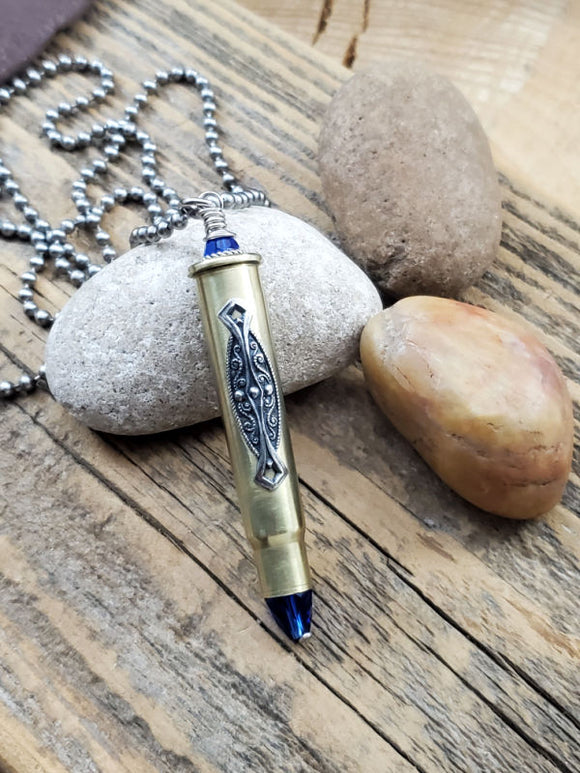 Rifle Casing, Filigree and Sapphire Long Bullet Necklace-SureShot Jewelry