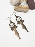 Antique Brass Trout Fish Pendant Beaded Dangle Earrings - Fishing Earrings