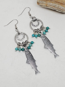 Antique Silver Trout / Turquoise Beaded Dangle Earrings - Fishing Earrings