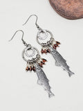 Antique Silver Trout / Copper Beaded Dangle Earrings - Fishing Earrings