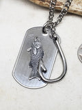 Men's Dog Tag with Trout & Fish Hook Stainless Steel Necklace