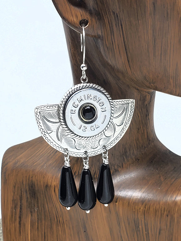 12 Gauge Shotshell Black Onyx Crescent Dangle Earrings from SureShot Jewelry - Shotshell & Bullet Designs