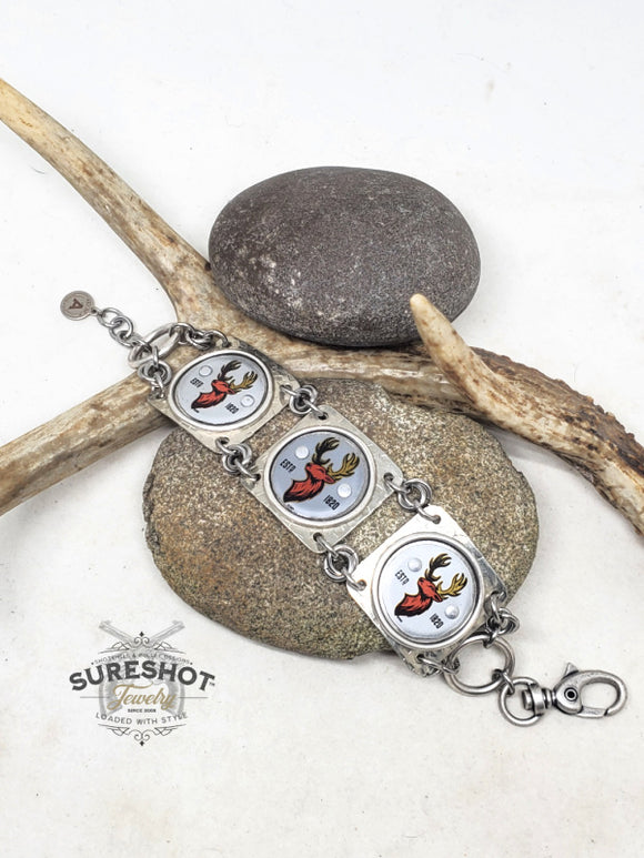 Handcrafted Red Buck Head Bottle Cap SILVER Link Bracelet from SureShot Jewelry