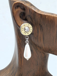 Pearl Teardrop Post Dangle Brass Bullet Earrings