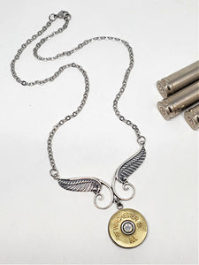Sterling Silver Angel Wing 12g Shotshell Necklace - SureShot Jewelry Bullet Designs