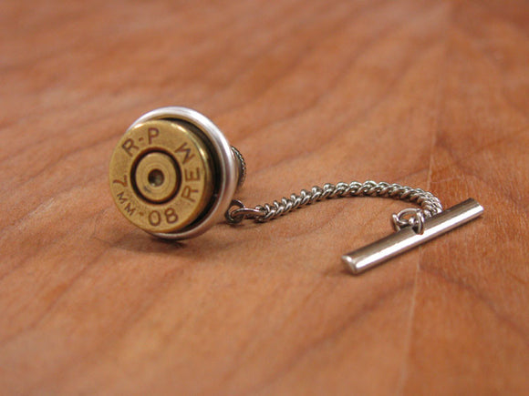 Brass Bullet Casing Silver Tie Tack with Chain