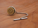 Brass Bullet Casing Silver Tie Tack with Chain