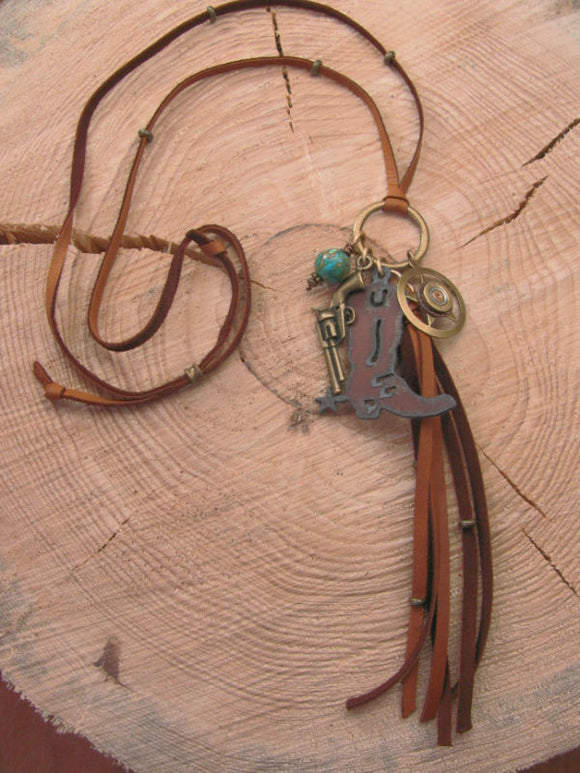 Long Boho Style Rusty Boot Western Cowgirl Leather Charm Necklace